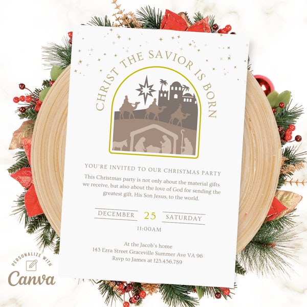 Nativity Christmas Party Invitation, Worship Party Invite Religious Party Invite, Christan Party Invitation, Canva template Instant Download