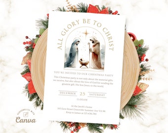 May include: A white Christmas party invitation with a gold border and a watercolor illustration of the nativity scene. The text reads "All Glory Be To Christ" and includes details about the party, including the date, time, and location.