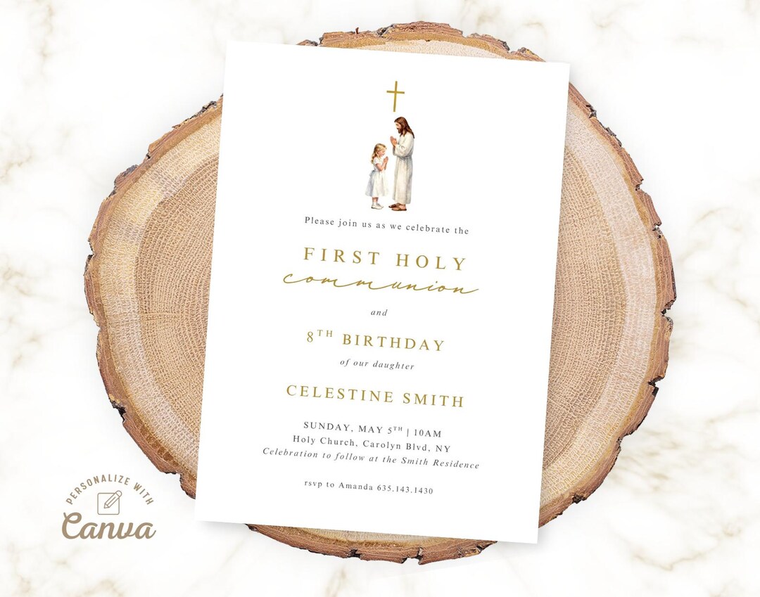 Girl First Holy Communion and Birthday Invitation Canva Template ...