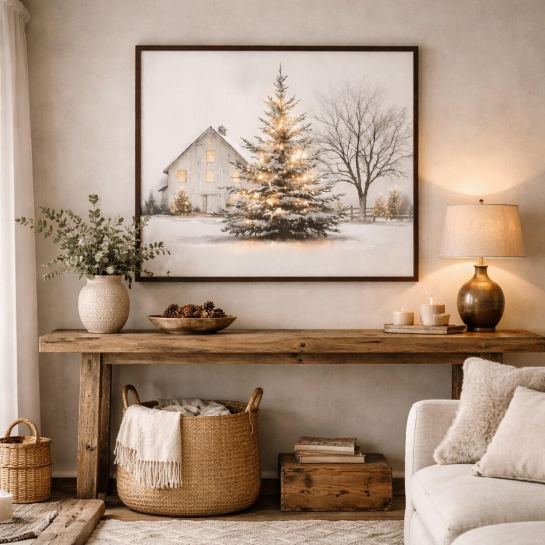 Winter Barn Christmas Tree Canvas – Peaceful Farmhouse Landscape - Etsy