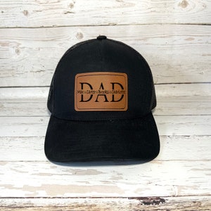 Casquette papa SnapBack pour la fête des pères | Chapeau personnalisé avec prénoms pour papa et enfants | Cadeau pour papa | chapeau de grand-père | Chapeau de sport avec empiècement en cuir |