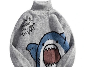 Thick Knitted Pullover Turtleneck Sweater With Cute SHark Print, Oversized Pullover Sweater, Y2K Streetwear Sweater, Unisex Sweater