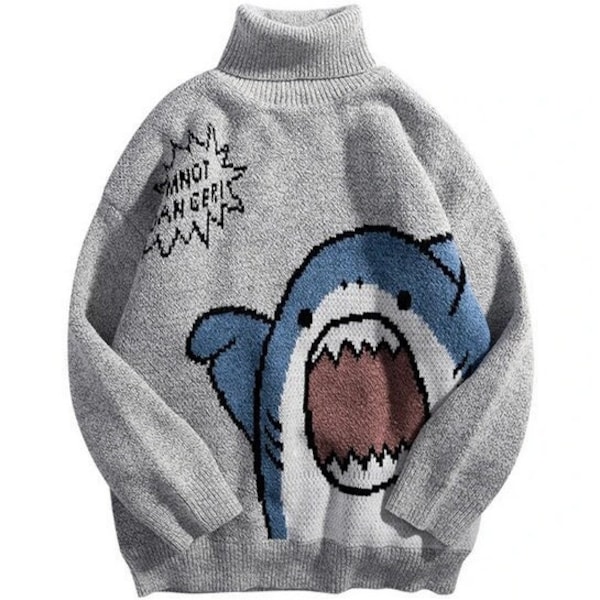 Thick Knitted Pullover Turtleneck Sweater With Cute SHark Print, Oversized Pullover Sweater, Y2K Streetwear Sweater, Unisex Sweater