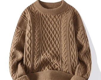Pull nordique tricoté de couleur unie, pull-over, tricots pull-over, pull à nœud celtique, pull en tricot grand-père classique