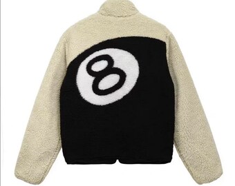 2 Sided Lamb Like Fleece Zip-Up Jacket With 8 Ball Print On Back, High Collar Winter Jacket, Y2K Streetwear Fleece Jacket, Faux Fur Jacket