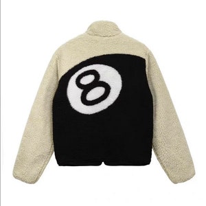 2 Sided Lamb Like Fleece Zip-Up Jacket With 8 Ball Print On Back, High Collar Winter Jacket, Y2K Streetwear Fleece Jacket, Faux Fur Jacket