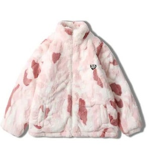 Veste zippée épaisse en fausse fourrure, veste à motif Tie Dye, veste Puffer, veste à col haut, veste dhiver confortable, veste baggy à manches longues Pink