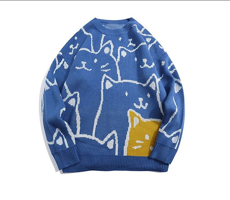 Knitted Cat Silhouette Pattern Sweater, Unisex Streetwear Sweater, Oversized Sweater, Gift For Her, Gift For Him, Cat Knitwear Sweater Blue