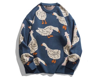 Knitted loose-Fit Pullover Goose Print Sweater, Unisex Knitwear, Animal Print Sweater, cartoon Goose Sweater, Baggy Sweater