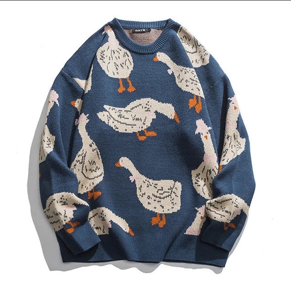 Knitted loose-Fit Pullover Goose Print Sweater, Unisex Knitwear, Animal Print Sweater, cartoon Goose Sweater, Baggy Sweater