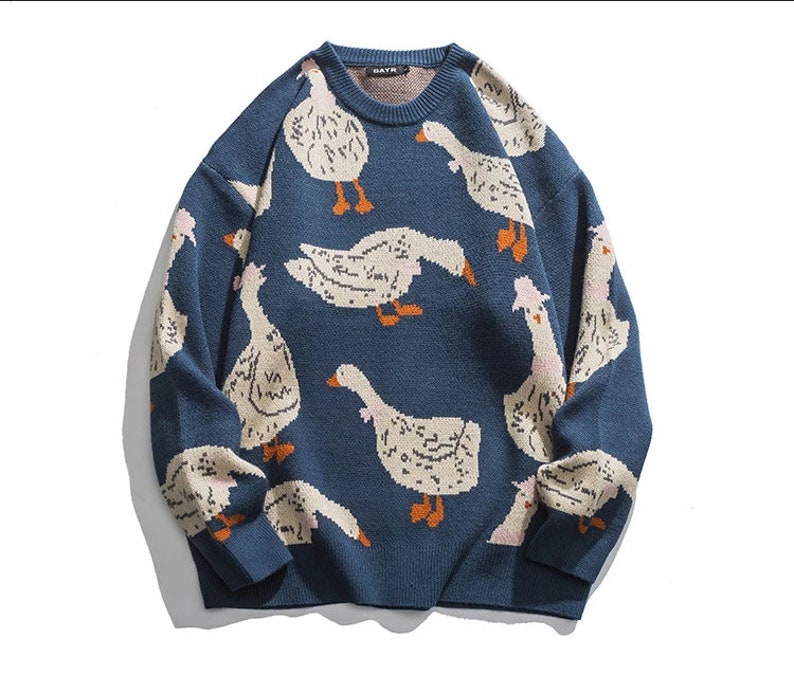 Gestrickter Loose-Fit-Pullover mit Gänsedruck, Unisex-Strickpullover, Animal Print-Pullover, Cartoon-Gans-Pullover, Baggy-Pullover Blue