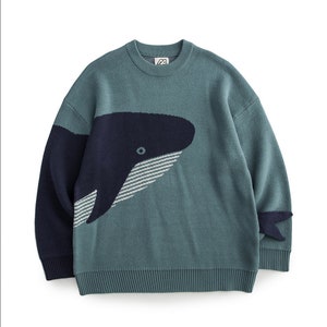 Loose-Fit Knitted Blue Whale Print Sweater, Nautical Knitwear Sweater, Unisex Sweater, Winter Sweater, Oversized Sweater
