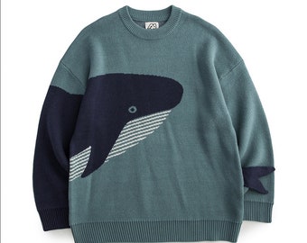 Suéter con estampado de ballena azul de punto holgado, suéter de punto náutico, suéter unisex, suéter de invierno, suéter de gran tamaño
