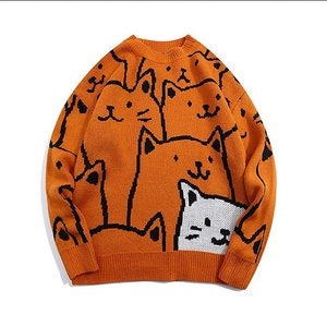 Knitted Cat Silhouette Pattern Sweater, Unisex Streetwear Sweater, Oversized Sweater, Gift For Her, Gift For Him, Cat Knitwear Sweater Orange