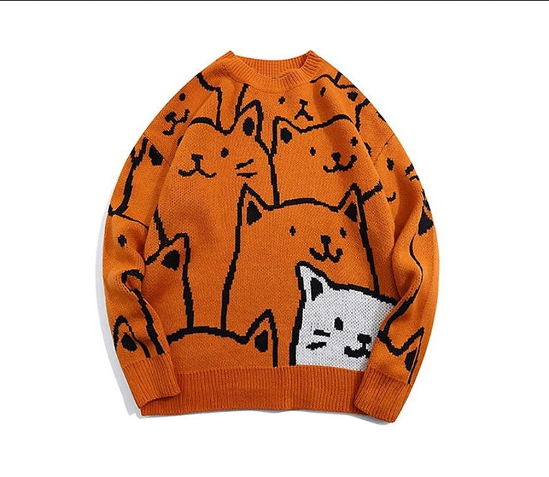 Knitted Cat Silhouette Pattern Sweater, Unisex Streetwear Sweater, Oversized Sweater, Gift For Her, Gift For Him, Cat Knitwear Sweater Orange