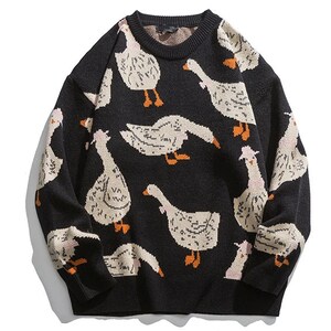 Gestrickter Loose-Fit-Pullover mit Gänsedruck, Unisex-Strickpullover, Animal Print-Pullover, Cartoon-Gans-Pullover, Baggy-Pullover Balck