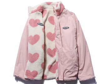 Double Sided Windbraker Jacket, Faux Fur Winter Jacket, High Collar Zip Up Jacket, Heart Pattern Jacket, Harajuku Jacket, Y2K Jacket