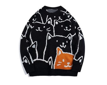 Suéter de patrón de silueta de gato de punto, suéter de streetwear unisex, suéter de gran tamaño, regalo para ella, regalo para él, suéter de punto de gato