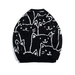 Knitted Cat Silhouette Pattern Sweater, Unisex Streetwear Sweater, Oversized Sweater, Gift For Her, Gift For Him, Cat Knitwear Sweater image 2