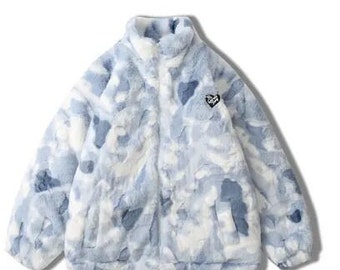 Thick Faux Fur Zip-Up Jacket, Tie Dye Pattern Jacket, Puffer Jacket, High Collar Jacket, Cozy Winter Jacket, Longsleeved Baggy Jacket