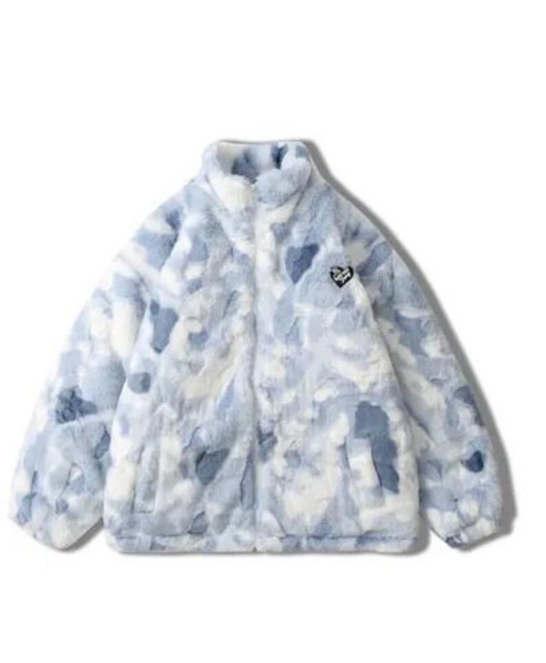 Veste zippée épaisse en fausse fourrure, veste à motif Tie Dye, veste Puffer, veste à col haut, veste dhiver confortable, veste baggy à manches longues Blue