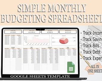 May include: A laptop screen displaying a Google Sheets template for a simple monthly budget spreadsheet. The spreadsheet includes sections for income, savings, bills, debt, and expenses. The spreadsheet also includes charts and graphs to visualize the data. The text "SIMPLE MONTHLY BUDGETING SPREADSHEET" is displayed at the top of the image. The text "GOOGLE SHEETS TEMPLATE" is displayed at the bottom of the image.