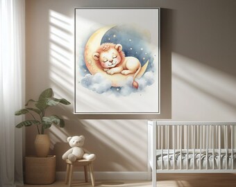 Sleeping Animal Art, Lion Nursery Wall Art, Moon Nursery, Kids Room Decor Prints