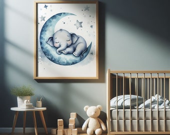 Sleeping Animal Art, Elephant Nursery Wall Art, Moon Nursery, Kids Room Decor Prints