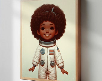 African-American Astronaut Girl Wall Art, Little Black Girl Room Decor, Black Baby Space Girl Room Decor, Kids Room Decor Prints