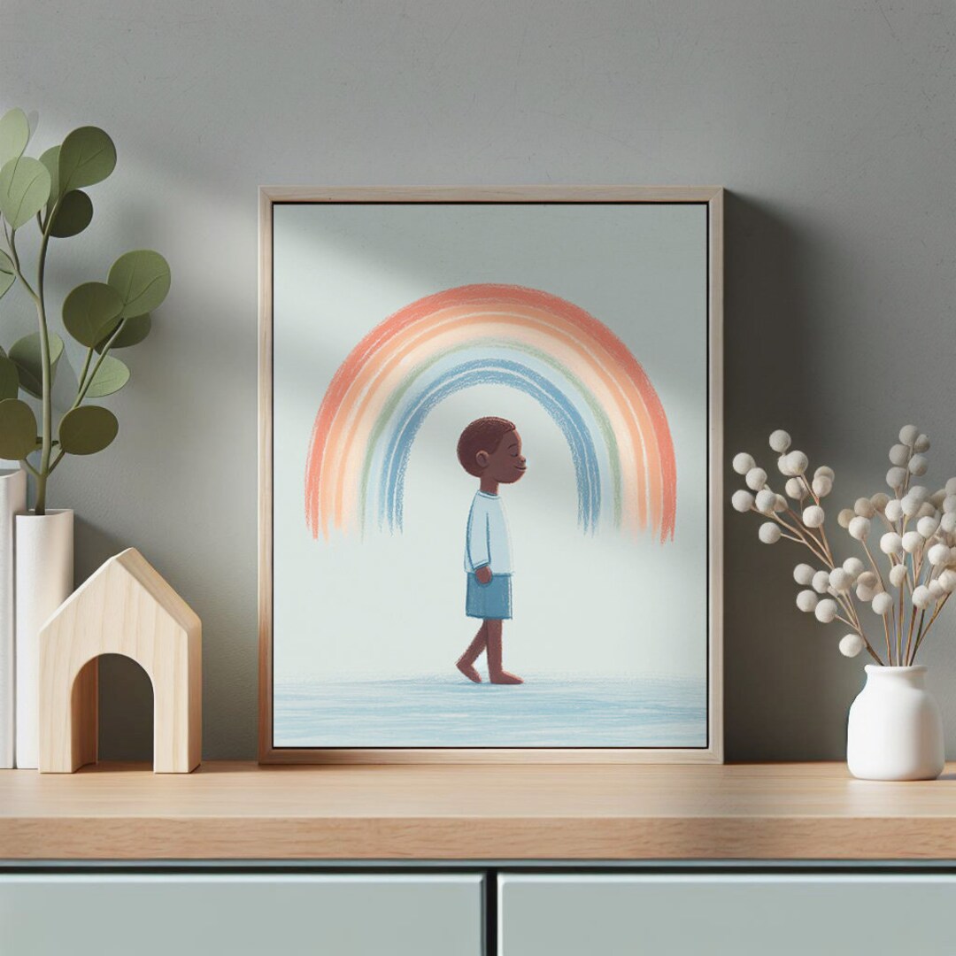 Black Boy Wall Art, Young African American Kid, Cute Rainbow Print