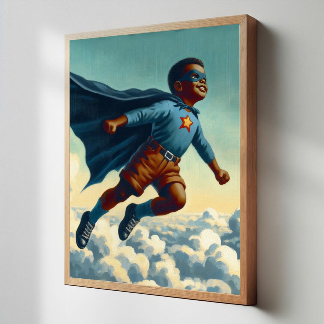 Black Boy Superhero Wall Art, Africanamerican Boy Wall Art, Little