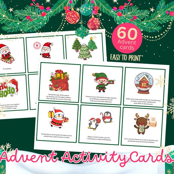 advent calendar for kids, 60 Printable Advent Activity Cards for Kids, Christmas Bucket List Printable, Kids Advent Cards, Christmas cards