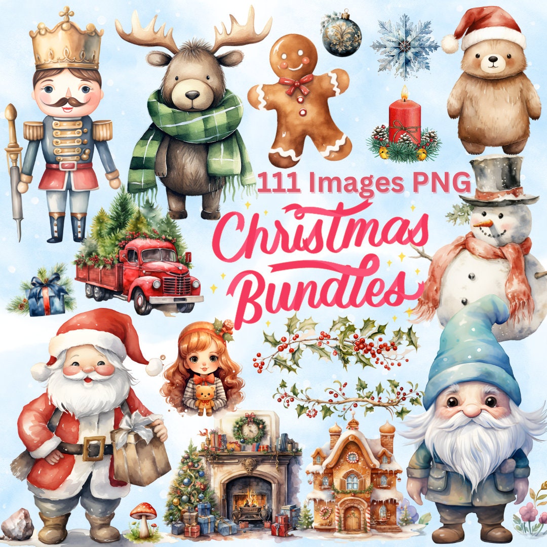 Cute Watercolor Christmas Clipart Bundle, PNG XMAS Graphics, Cute Santa ...