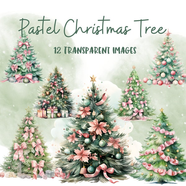 Watercolor Christmas Tree clipart, Pine Tree clipart, Christmas Decor, Christmas tree PNG, Christmas PNG, pastel christmas, Christmas Gifts