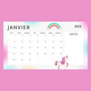 Calendrier Licorne 2024 FRANCAIS image 1