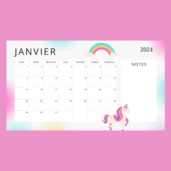 Calendrier Licorne 2024 FRANCAIS