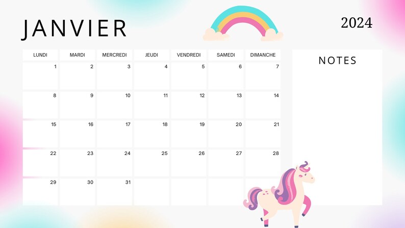 Calendrier Licorne 2024 FRANCAIS image 2