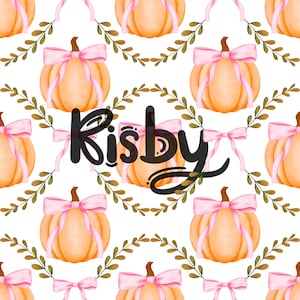 May include: A repeating pattern featuring watercolor pumpkins with pink bows and green leaf accents on a white background. The word "Kisby" is written in black script across the center of the image.