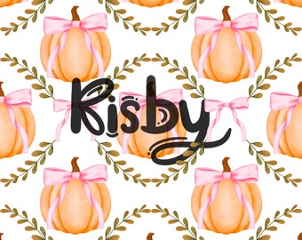 Pumpkin & Pink Coquette Ribbon Scallop Seamless Repeating Pattern, Preppy Fall Grandmillenial Bow Trellis Background for Fabric Print