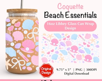 Coquette Girly Beach Seashells PNG For 16Oz Libbey Glass Can Wrap, Cute Coastal Sunglasses Sea Glass Summer Iced Coffee Glass Cup Wrap Png