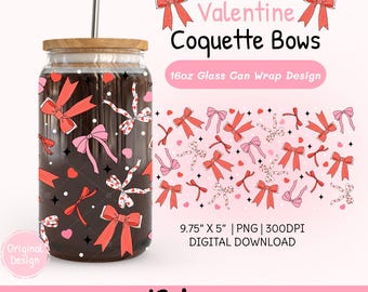 Valentine Coquette Bows Cup Wrap Png, Ribbon Glass Can 16oz Design, Holiday Tumbler Sublimation