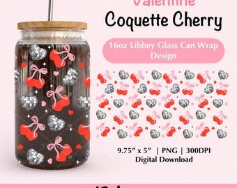 Coquette Cherry Bows 16oz Libbey Glass Can Wrap PNG Design, Valentine Disco Heart Beer Can Glass Cup Png, Holiday Coffee Wrap Uv Dtf Design