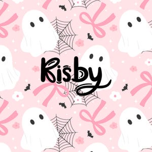 May include: A pink patterned design featuring white ghosts, pink bows, black bats, spiderwebs, and flowers. The word "Kisby" is written in black script across the design. This pattern is suitable for Halloween or spooky-themed products.