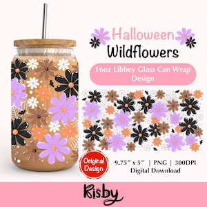 May include: A glass can wrap design featuring a floral pattern with black, brown, orange, and purple flowers. The words "Halloween Wildflowers" are displayed above the design. The design is for a 16oz Libbey glass can. The design measures 9.75" x 5".