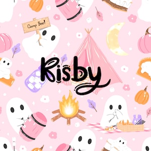 May include: A pink seamless pattern featuring ghosts, pumpkins, a campfire, a tent, and the word "Risby" in black script. The ghosts hold signs that say "Camp Boo!" and are surrounded by flowers, leaves, and other camping-themed illustrations.