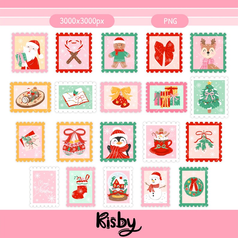 Full Preppy Christmas Clipart Set showcasing all the Santa, snowman, and postage stamp PNG designs.