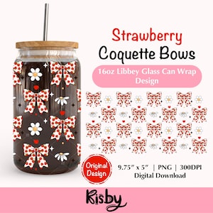 Coquette Strawberry Bows 16Oz Libbey Glass Can Wrap PNG Design Cute Strawberry Ribbon Iced Coffee Glass Cup Png Coquette Fruit Cup Wrap Png