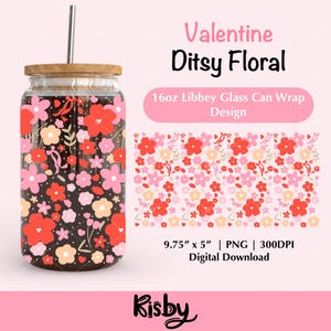 Valentine Floral Bows 16Oz Libbey Glass Can Wrap PNG Design, Dainty Flowers Wrap, Holiday Coffee Wrap Uv Dtf Designs, Digital Download