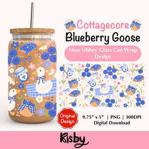 Cottagecore Blueberry Goose 16Oz Libbey Glass Can Wrap PNG, Spring Picnic Can Wrap Png, Coquette Summer Fruit Iced Coffee Can Glass Wrap Png