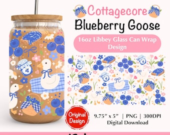 Cottagecore Blueberry Goose 16Oz Libbey Glass Can Wrap PNG, Spring Picnic Can Wrap Png, Coquette Summer Fruit Iced Coffee Can Glass Wrap Png